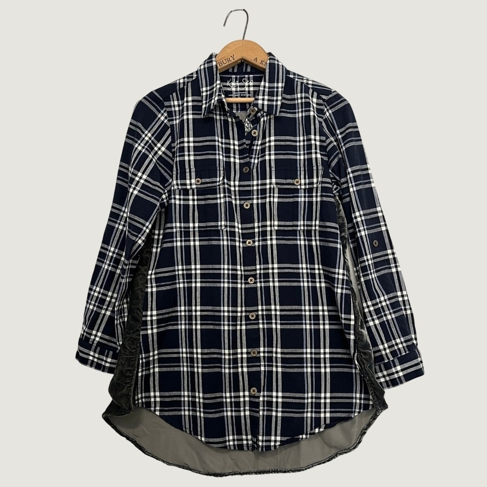 Kyla Seo Plaid Button Down Shirt Velvet Floral Embroidered Back Navy White Med